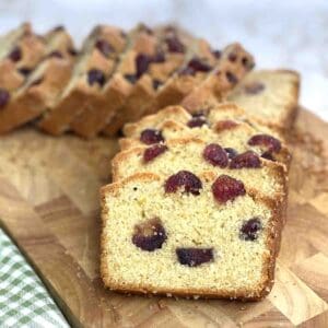 slices of cherry madeira cake on a chopping board.
