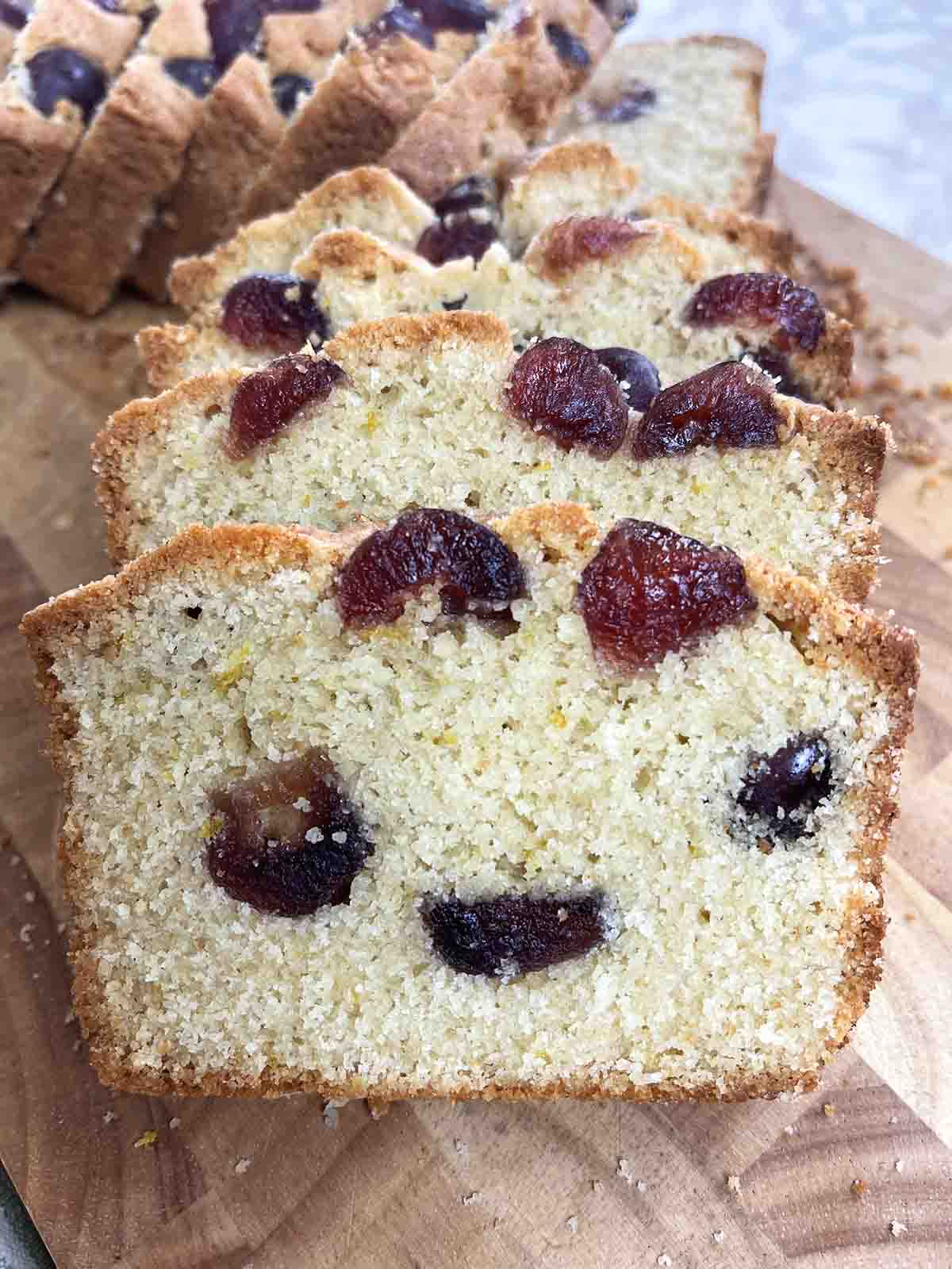 close up of slice of cherry cake.