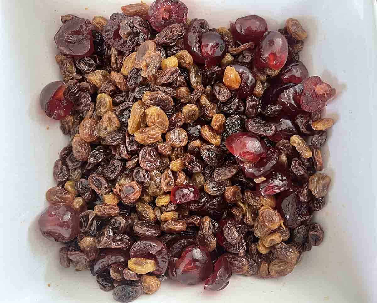 mixture of dried fruit soaking in tea.
