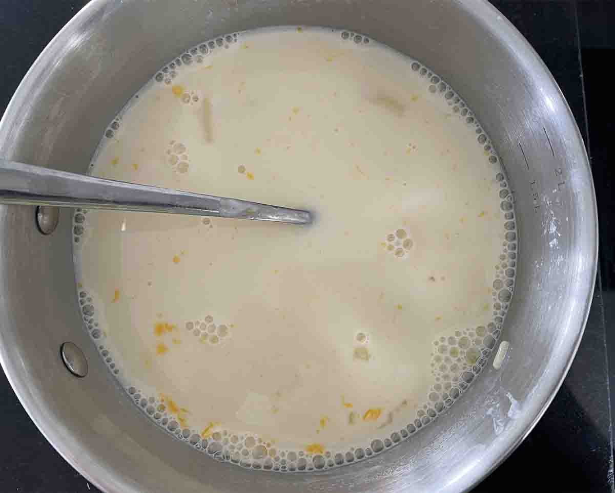 cooked pasta mixed with custard mixture.