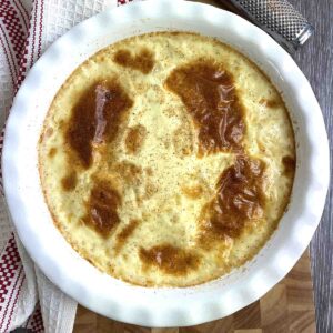 macaroni pudding in a round pie dish.