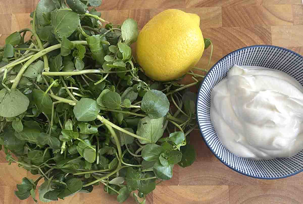 watercress, a lemo and creme fraiche in a bowl on a wooden board.n