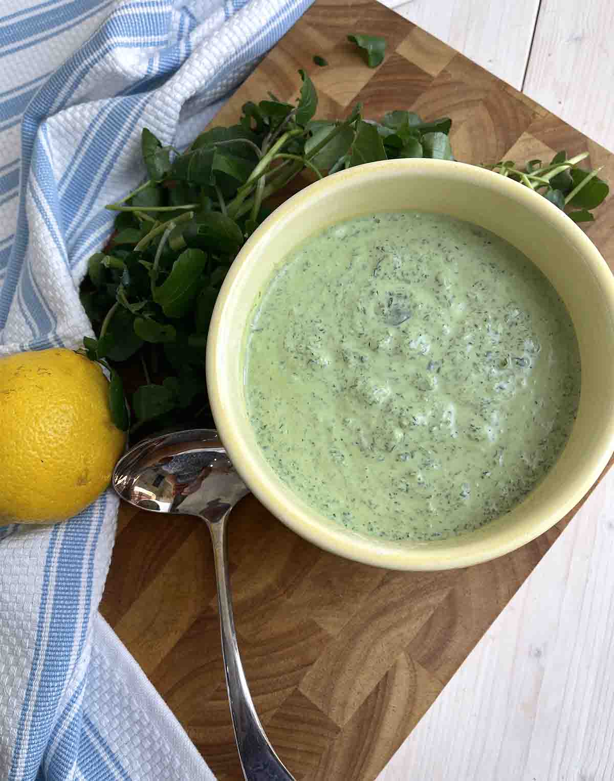 watercress sauce for salmon in a bowl.