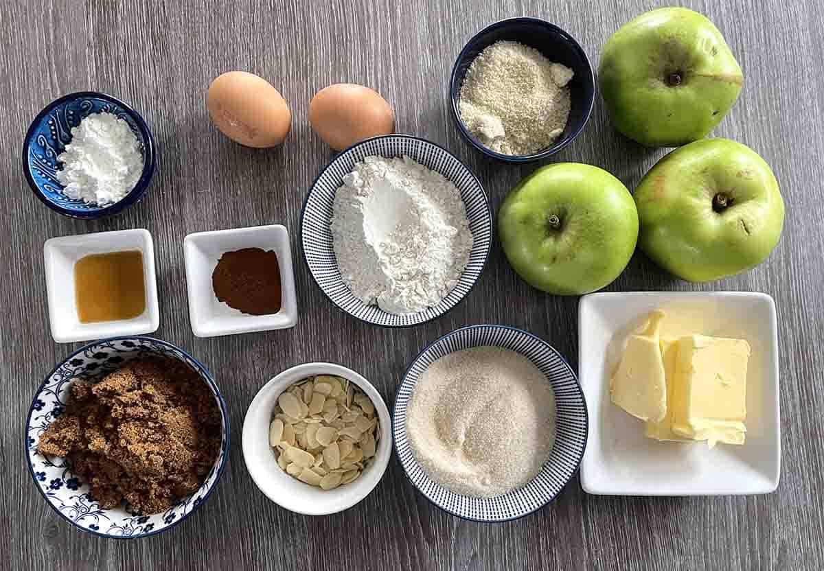 ingredients including apples, butter, sugar, almonds, brown sugar and eggs.