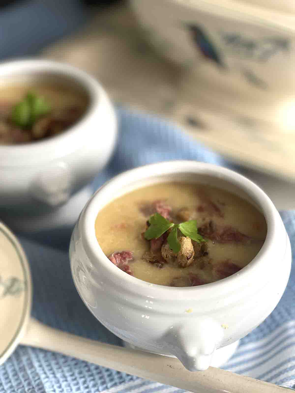 split pea soup in abowl.