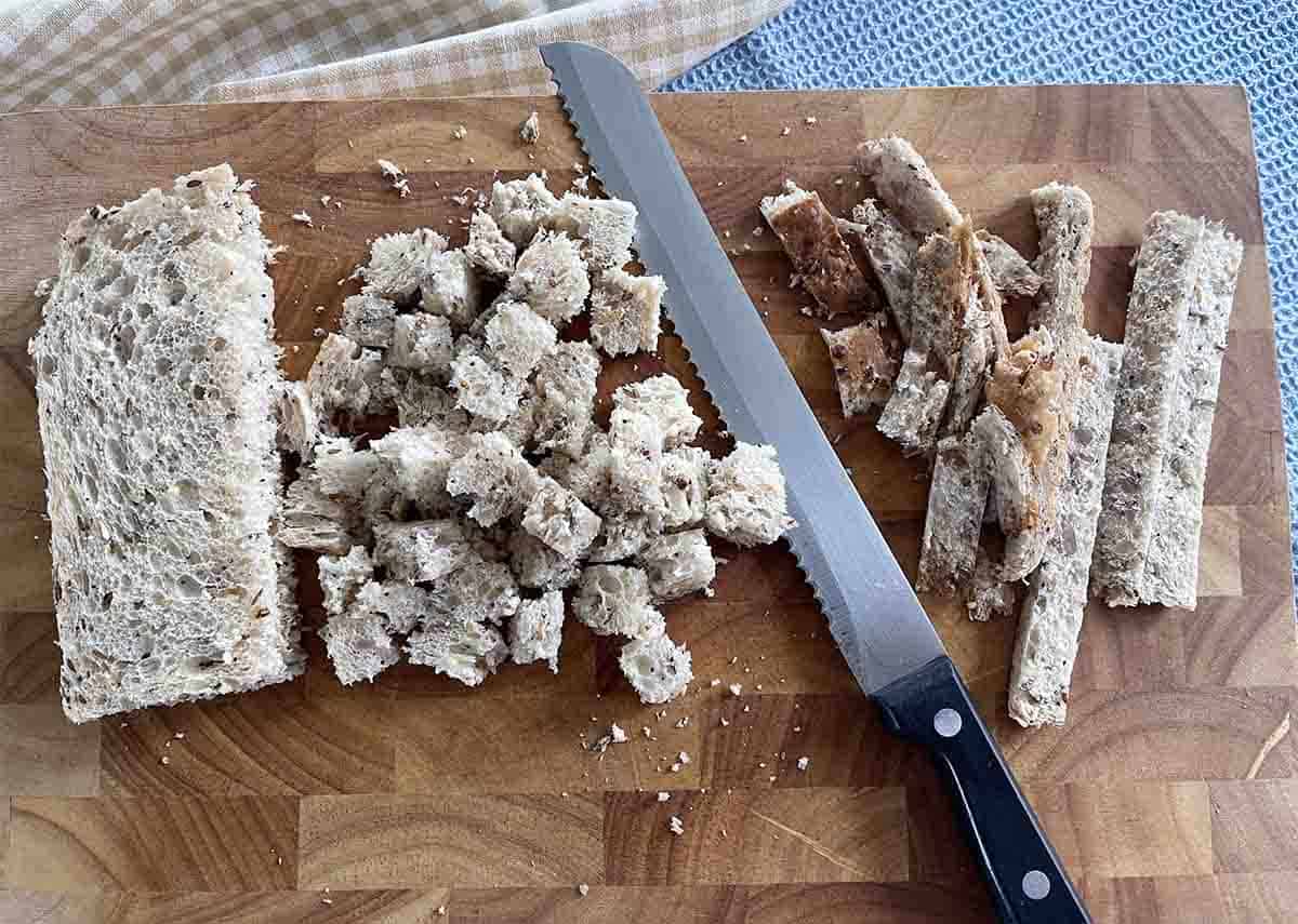 chopped bread on a board.