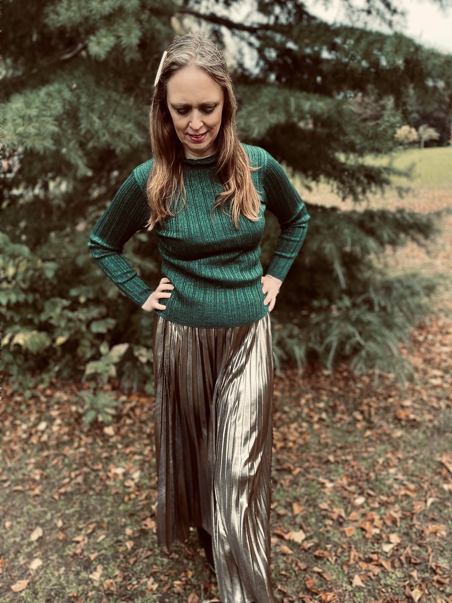 Green Glitter Jumper And Silver Skirt With Boots Boots