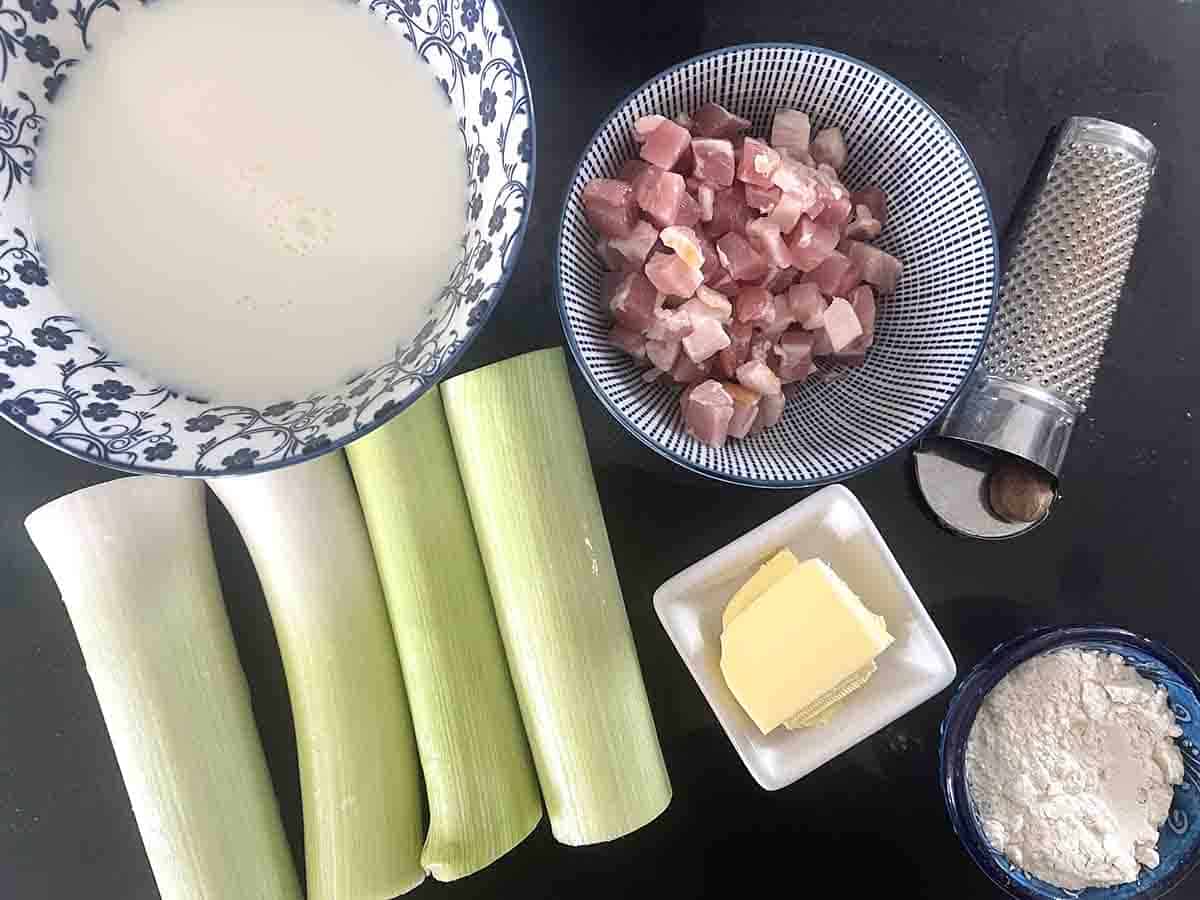 ingredients including, leeks, bacon, nutmeg, butter flour.