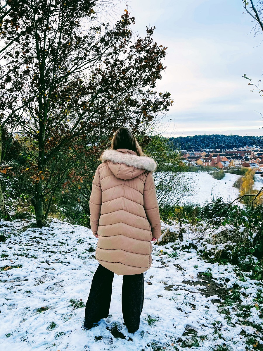 Long Beige Puffer Coat With Sparkles
