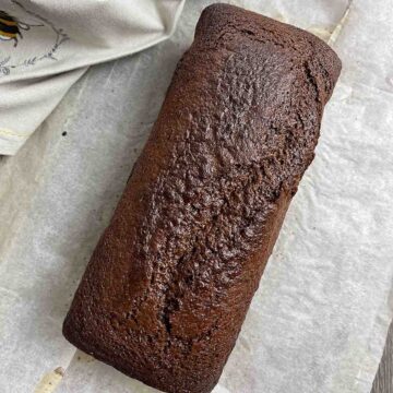 view of a sticky ginger cake from above.