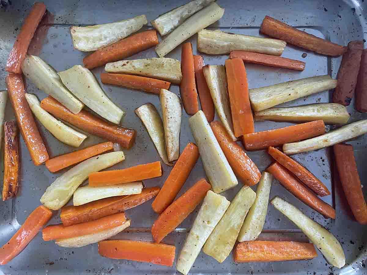 vegetables halfway through roasting.
