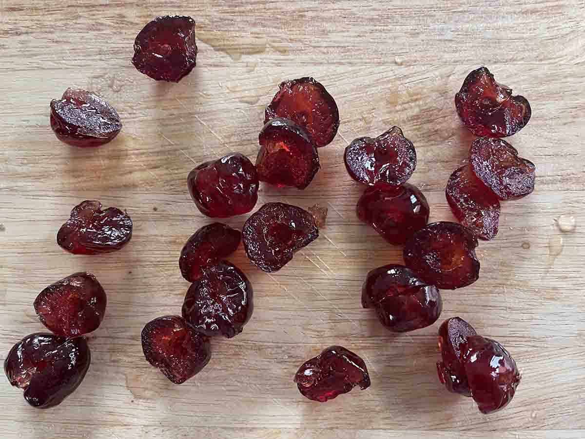 cherries sliced in half.