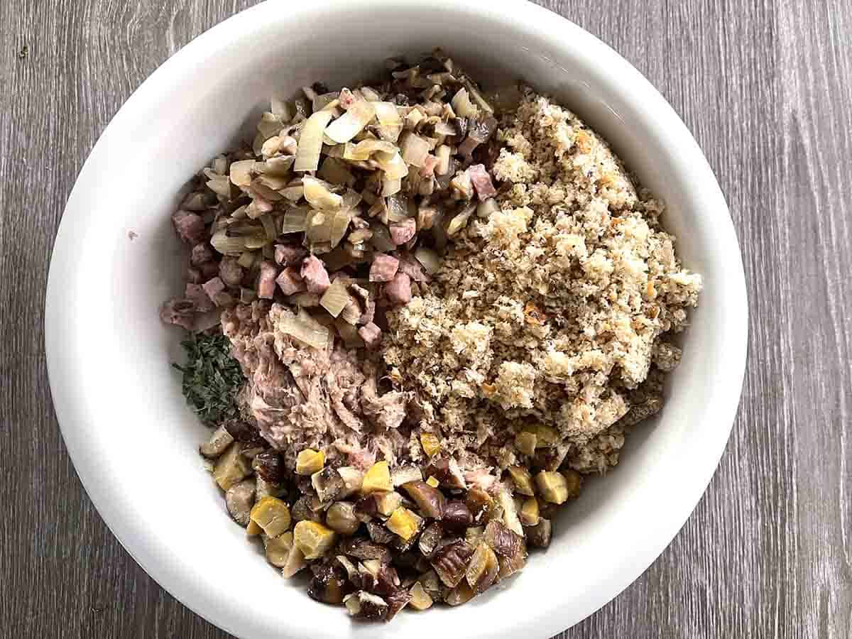 sausage mix with breadcrumbs and other ingredients added.