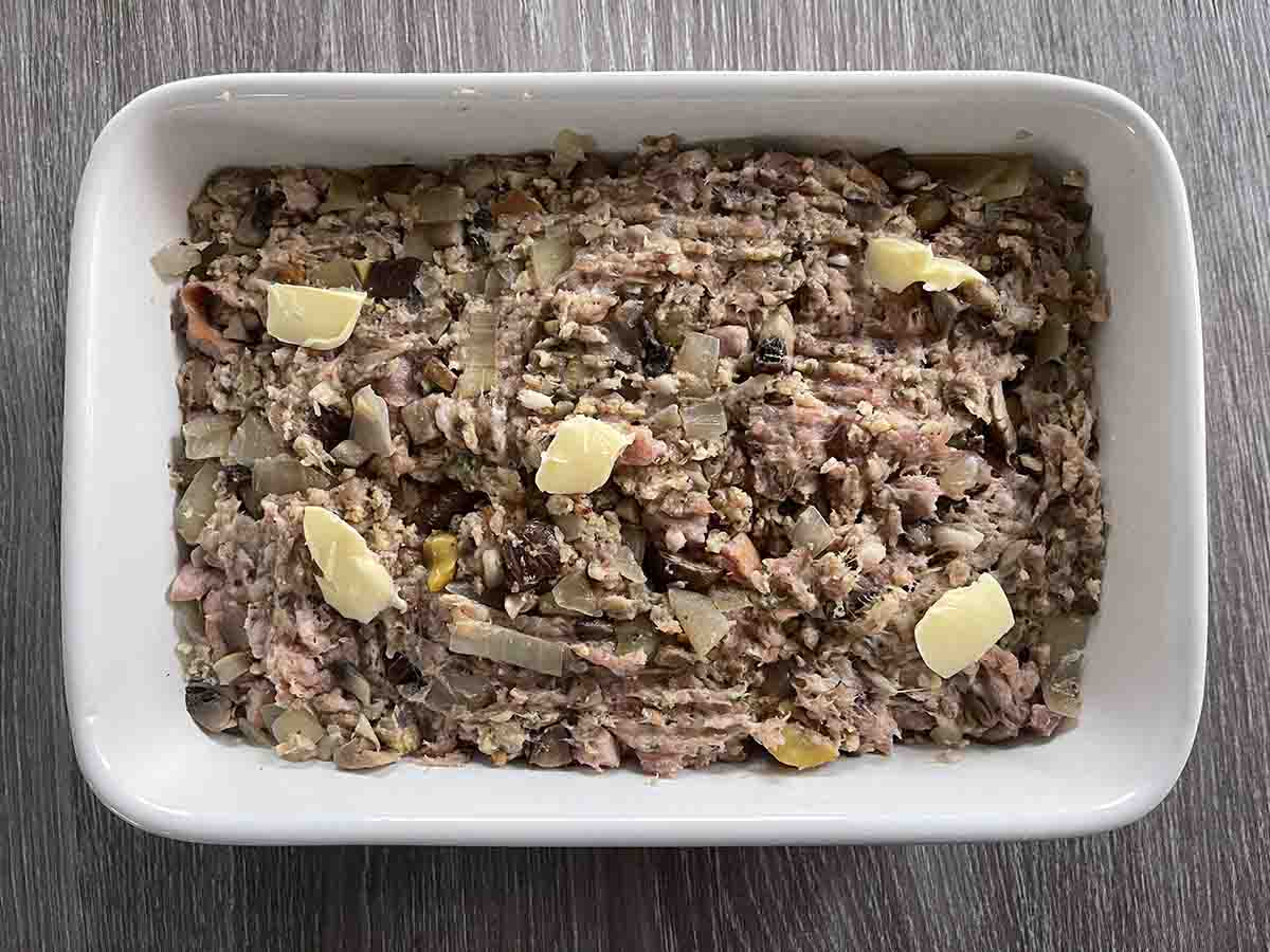 stuffing in a bowl ready for baking.