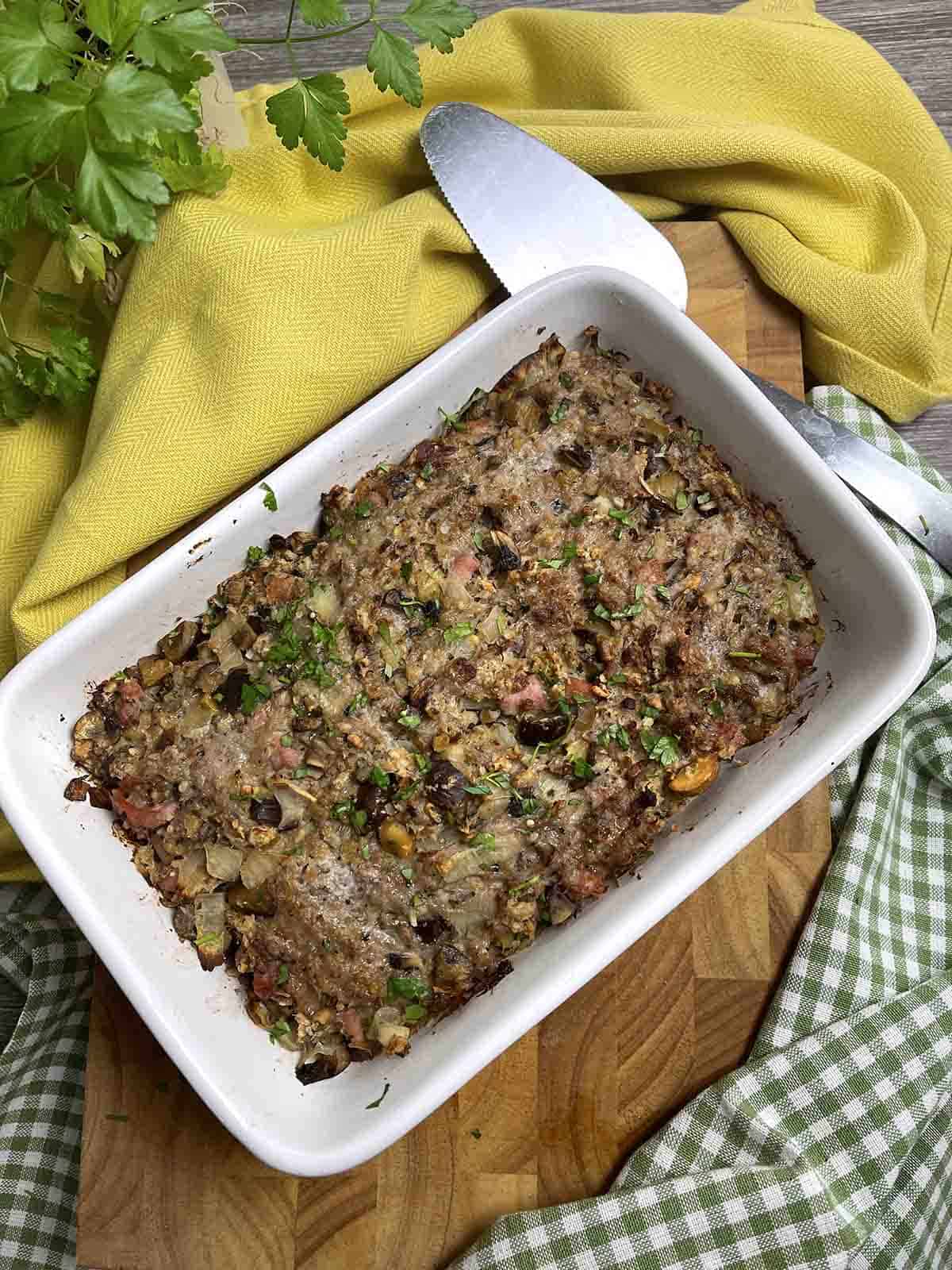 old fashioned sausage stuffing in a dish.