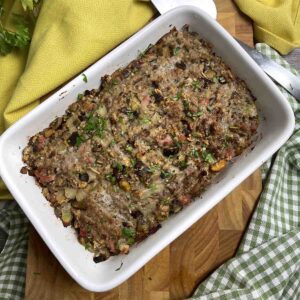 old fashioned pork sausage stuffing in a dish.