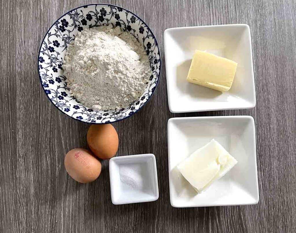 pastry ingredients including flour, butter, lard, eggs and salt.