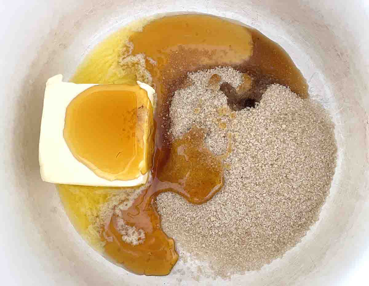 saucepan with syrup, butter and sugar.
