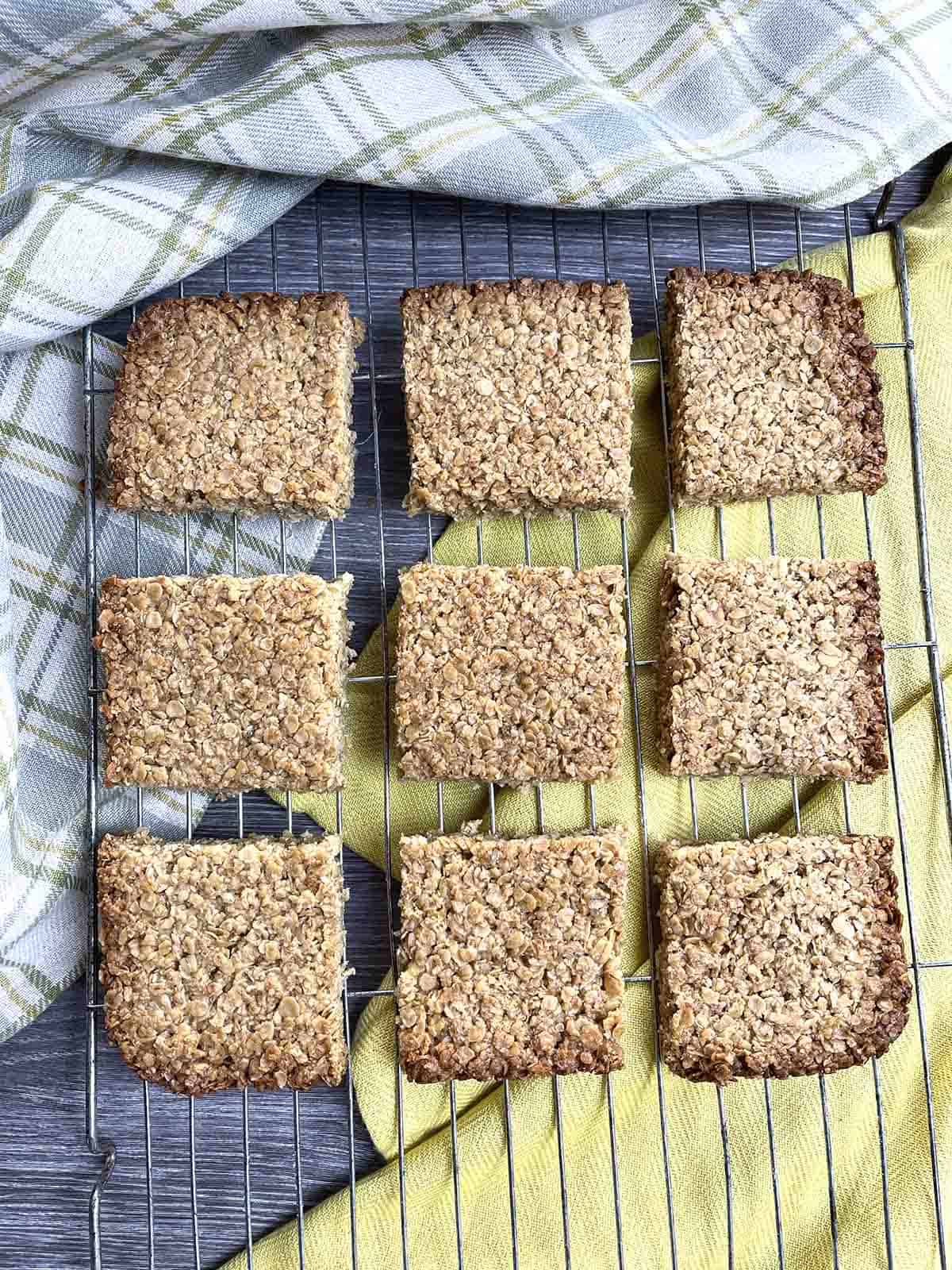 cut flapjacks on a cooling rack.