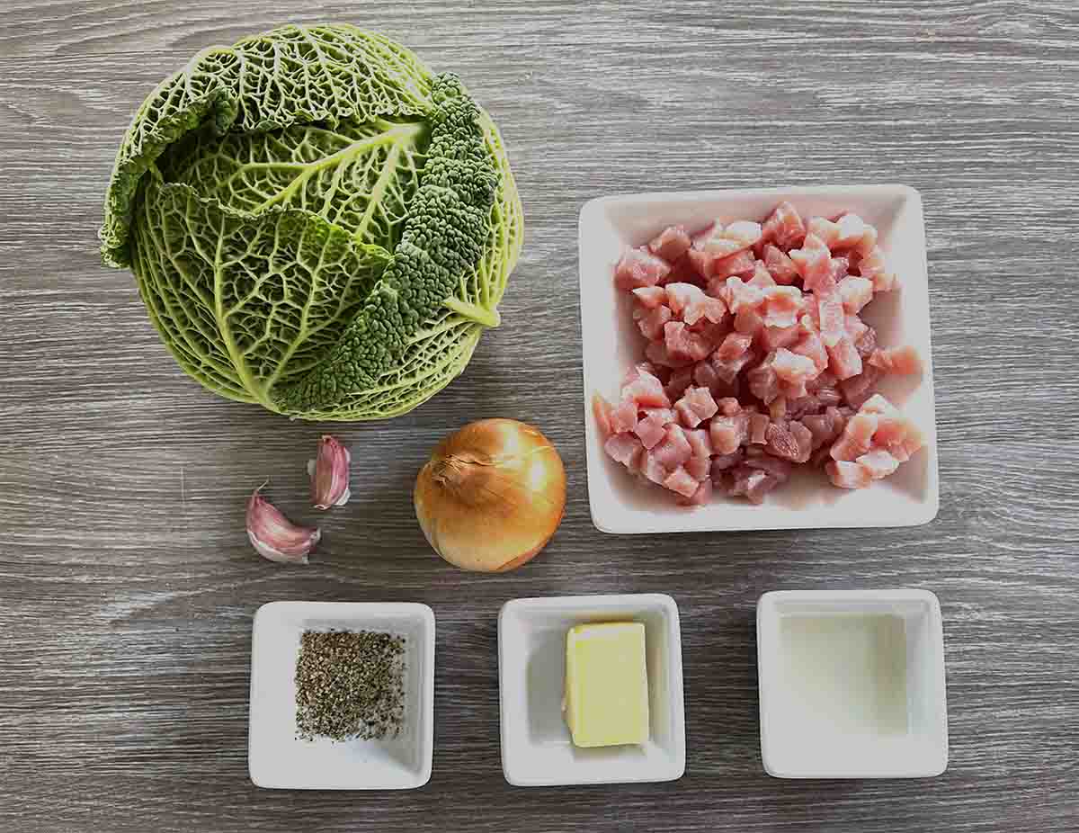 ingredients including cabbage, bacon, onions, butter oil and seasoning.