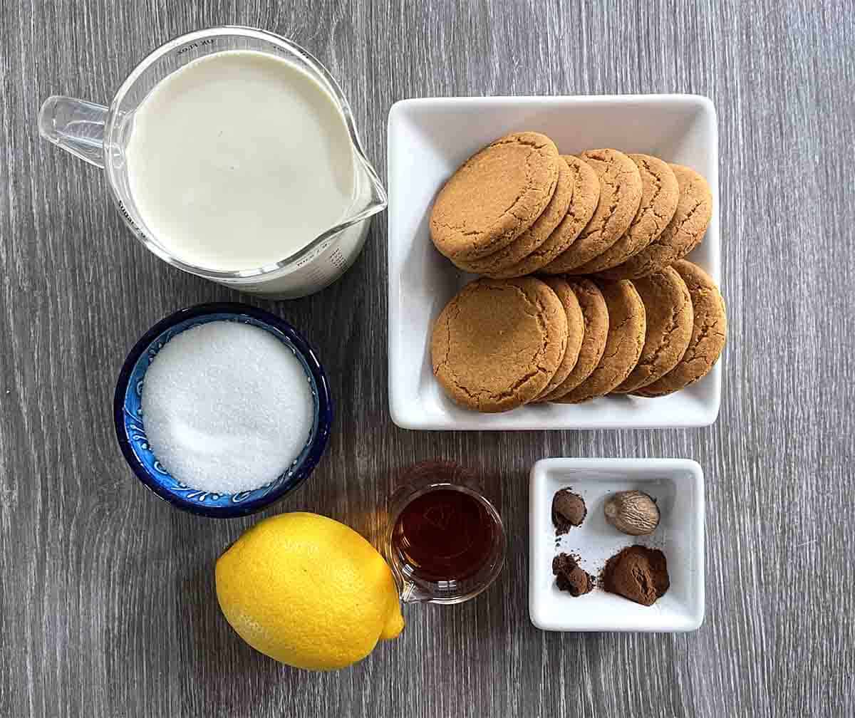 ingredients in dishes including cream, ginger biscuits, sugar lemon and spices.