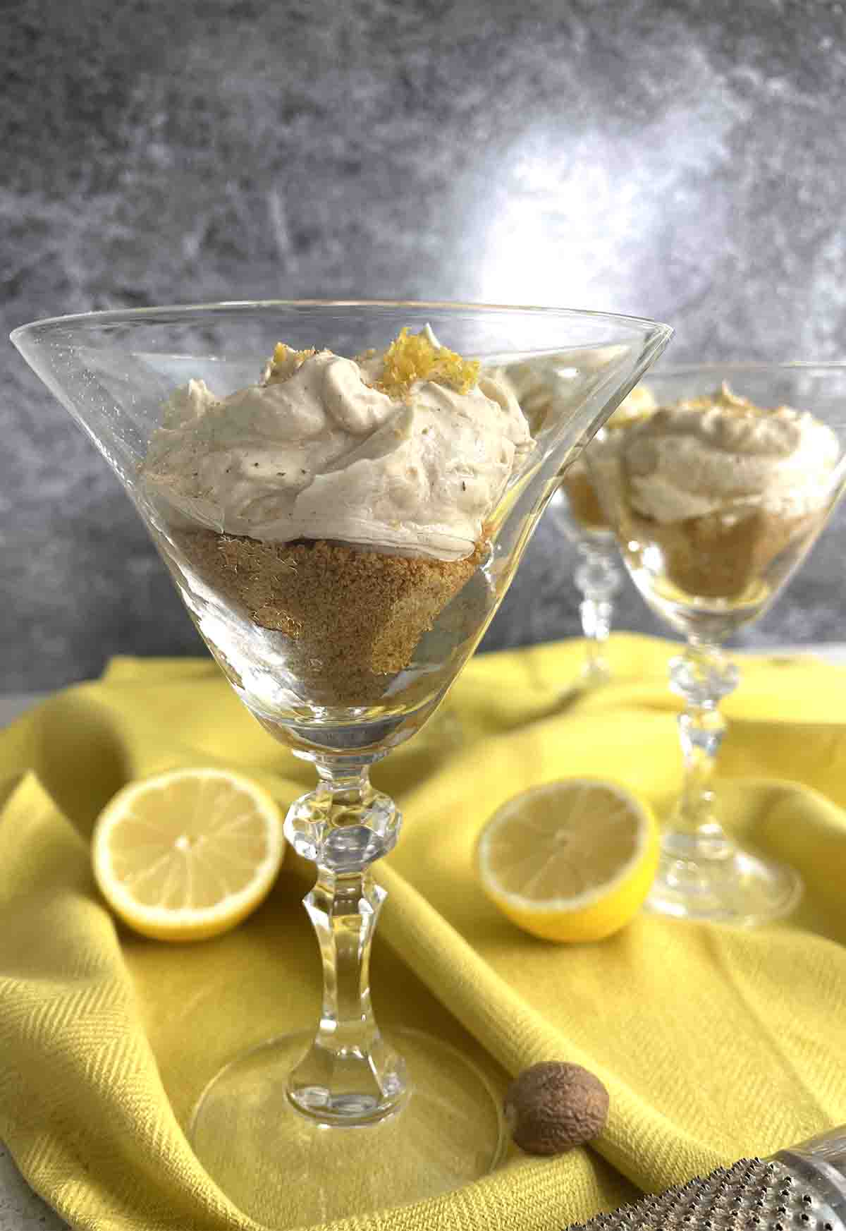 close up of dessert in glasses.