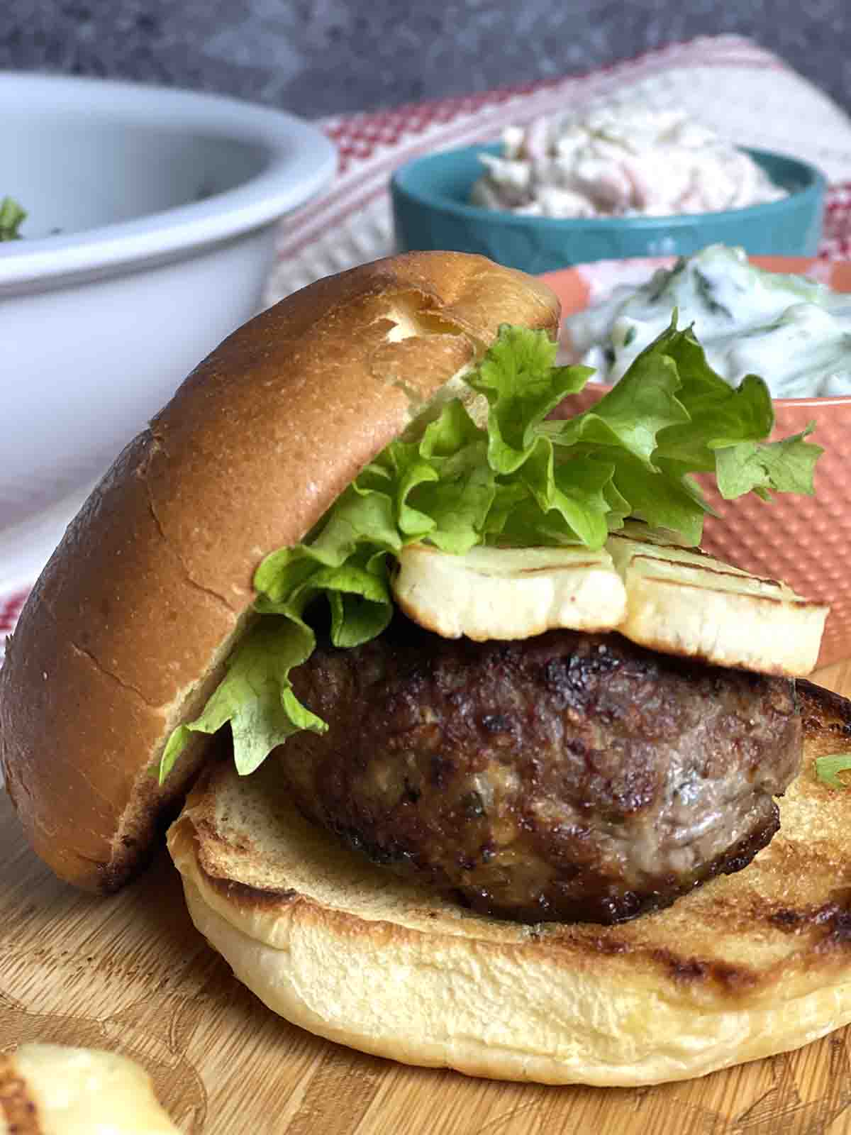 close up of lamb burger.