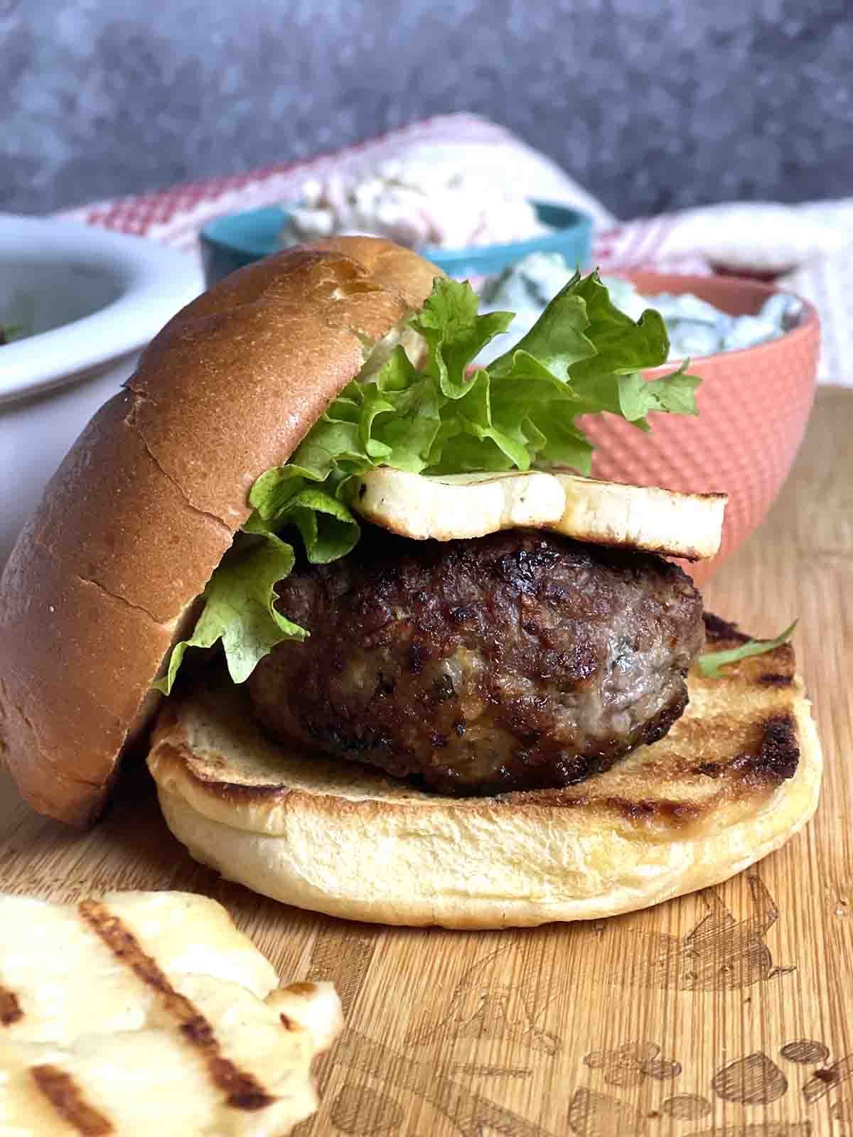 close up of lamb burger.