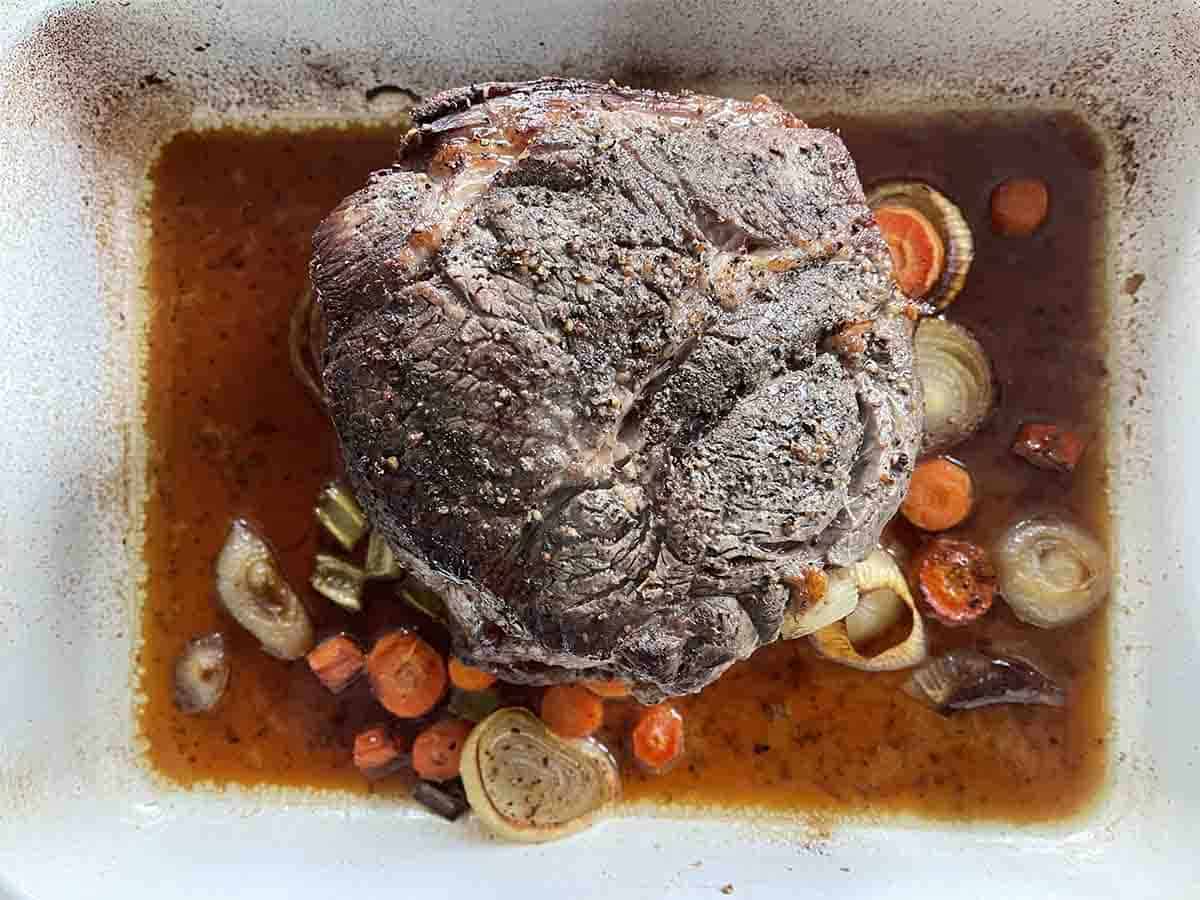 beef cooked in the dish.