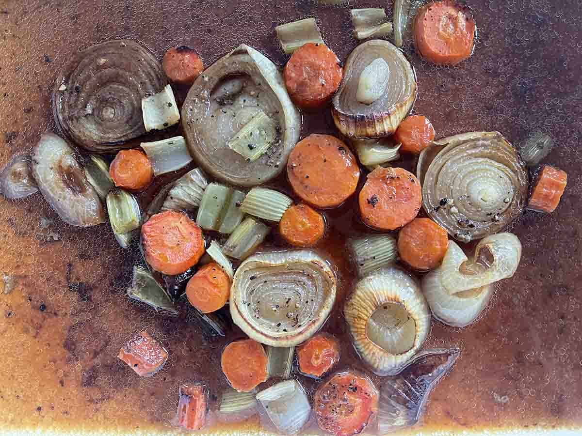 cooked vegetables in the dish.