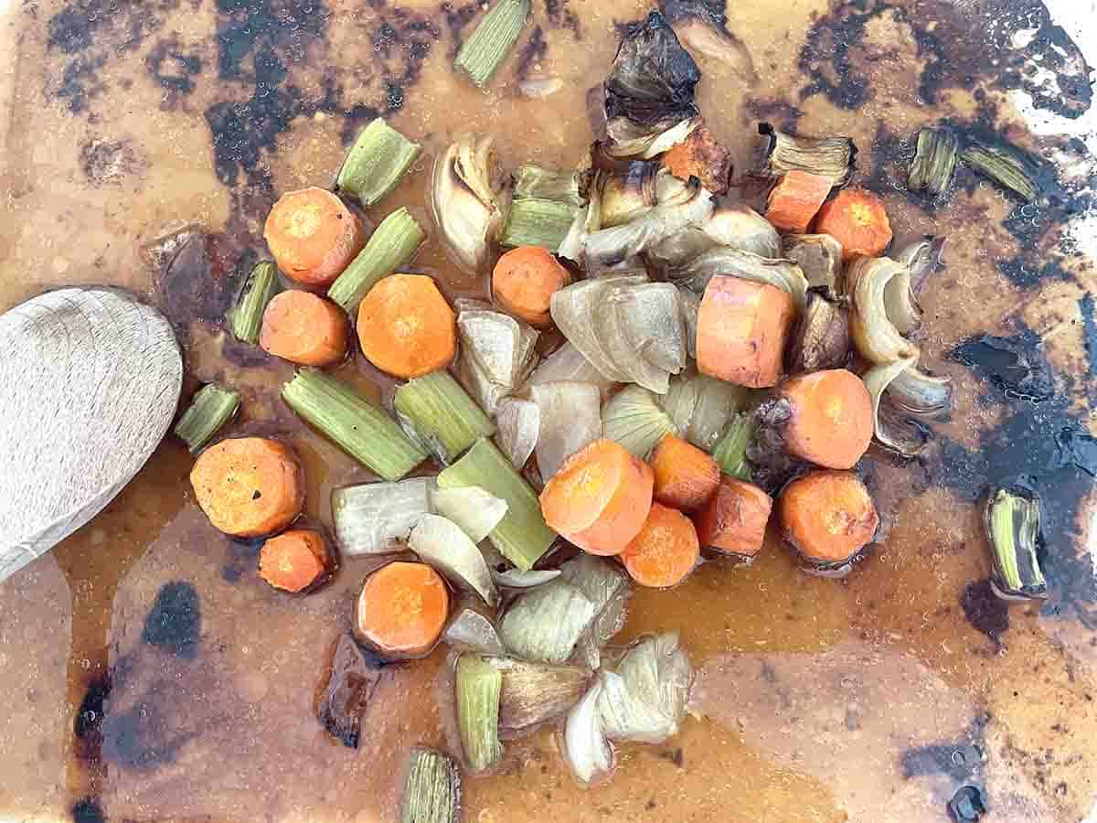 veg and stock in the dish.