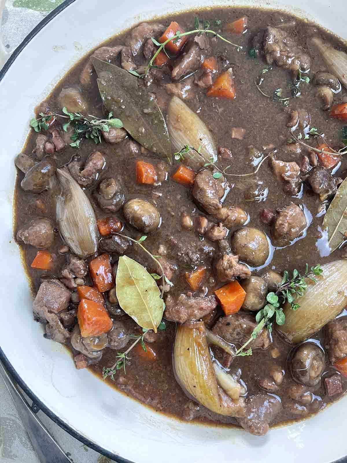 close up of game casserole ready to serve.