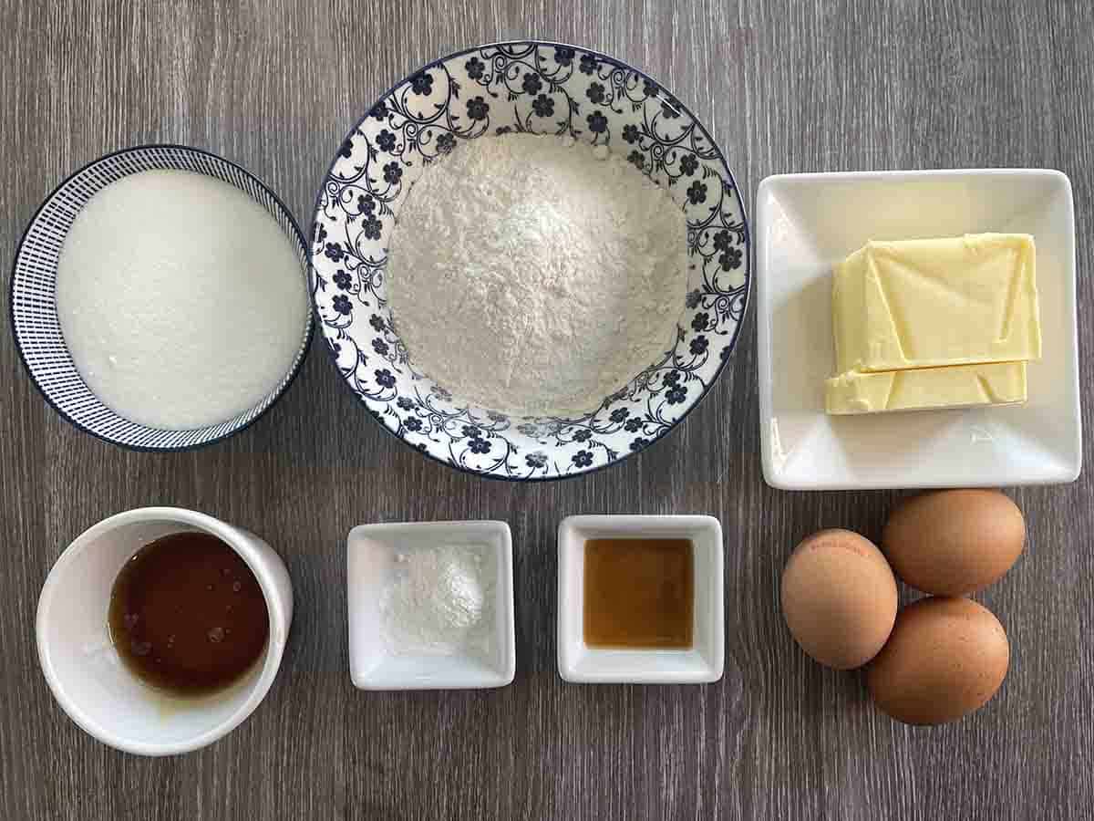 ingredients in dishes including butter, sugar, flour, eggs, golden syrup, vanilla and baking powder.