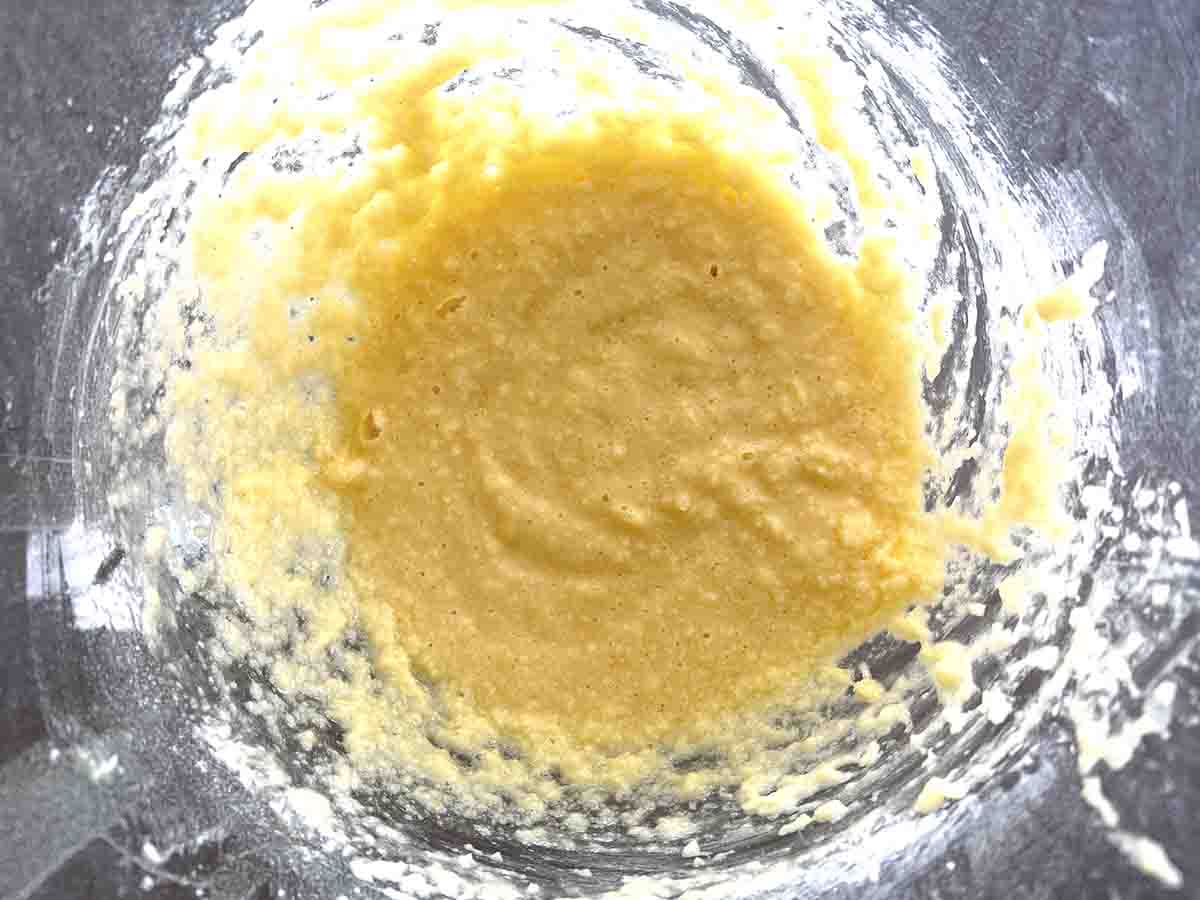 eggs beaten into butter mixture.