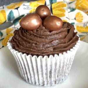 close up if a mini egg cupcake with bronze eggs on top.