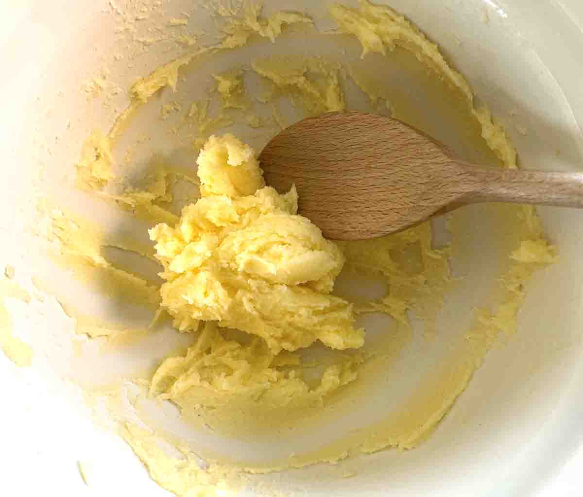 butter and sugar creamed in a bowl.