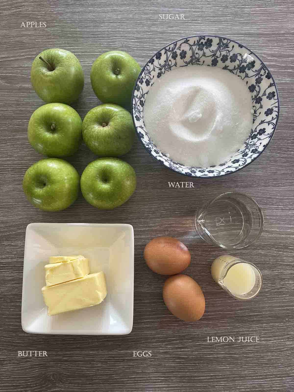ingredients including apples, water, sugar, eggs and butter.