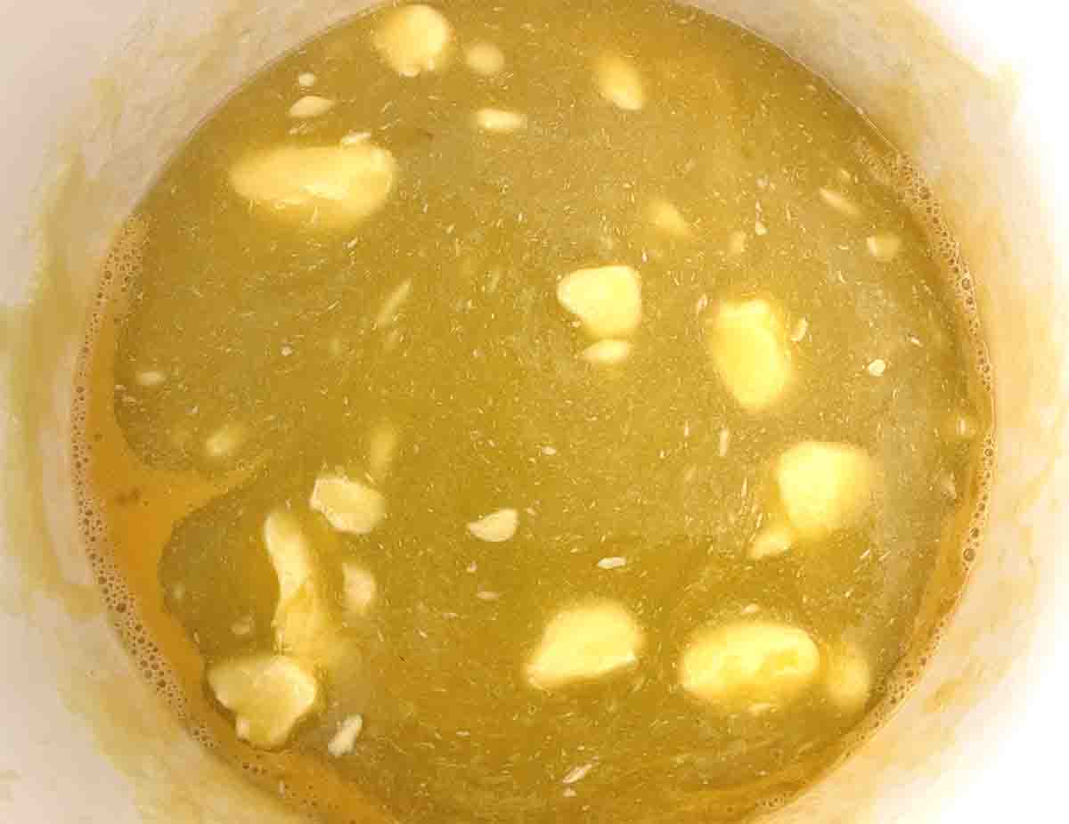 butter and eggs added to mixture.