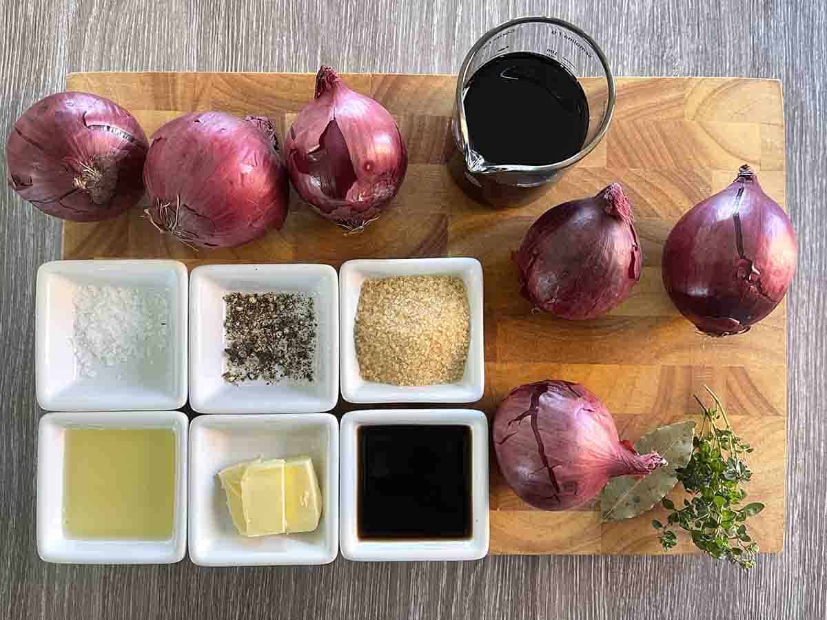 ingredients inclusing onions, butter, oil, thyme, bay, sugar, balsamic vinegar, red wine, seasoning, water.