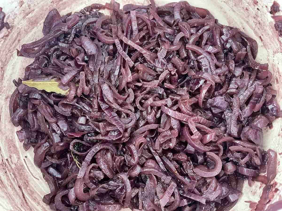 cooked red onion chutney with liquid evapourated.