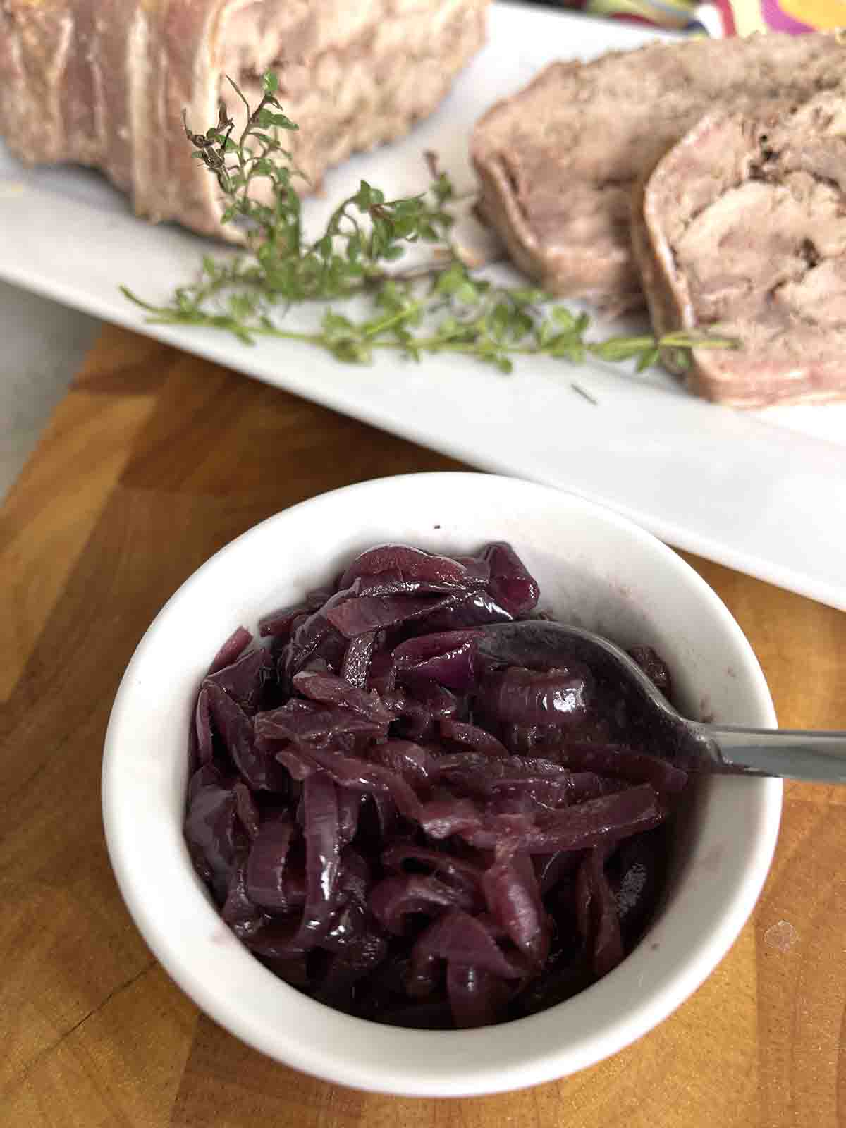 close up of red onion relish chutney.