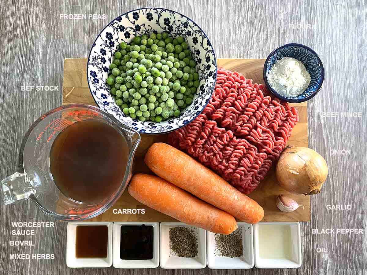 ingredients including peas, carrots, mince and stock.