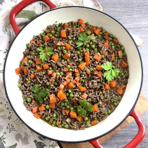 savoury mince in a red pan.