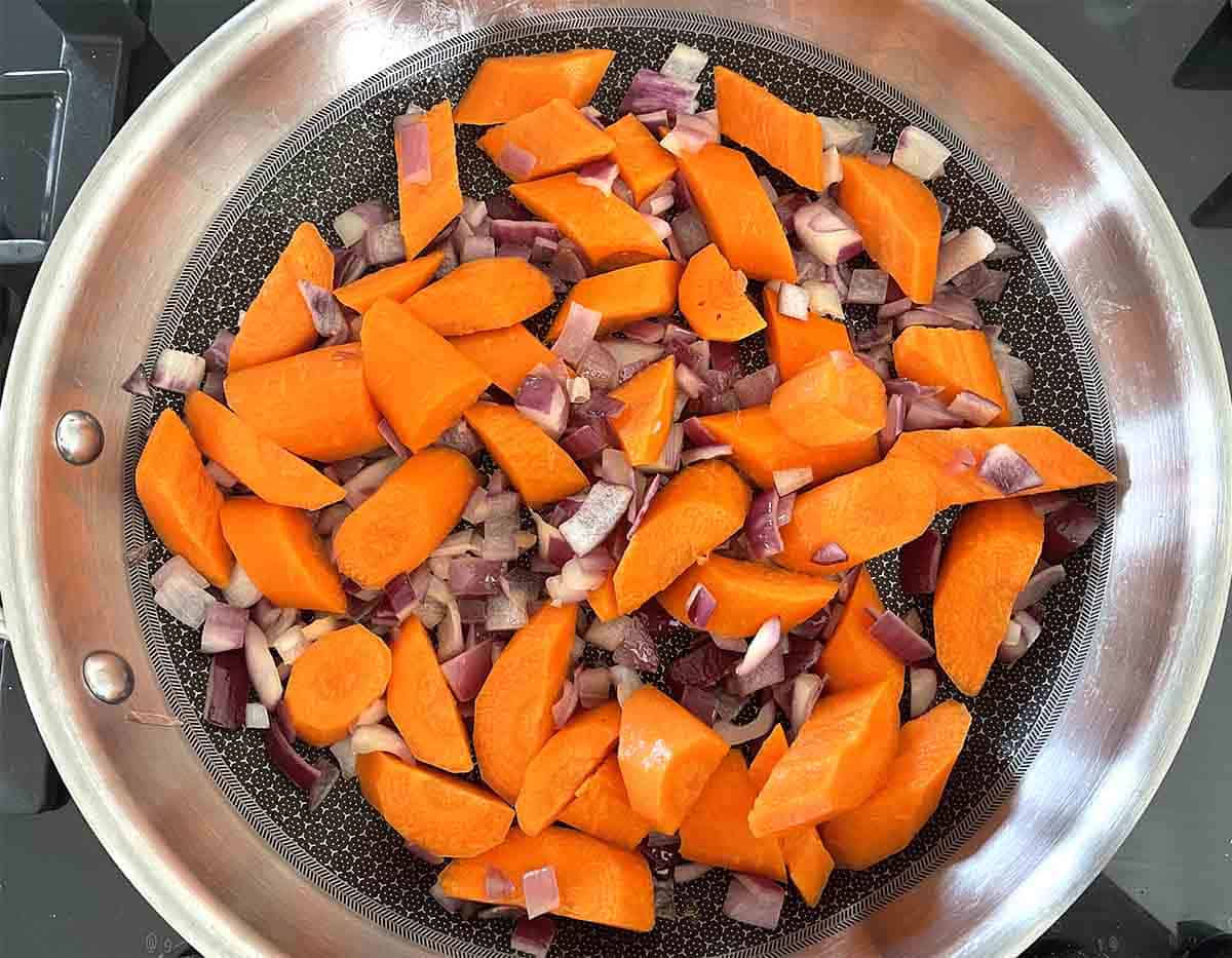 carrots added to the pan.