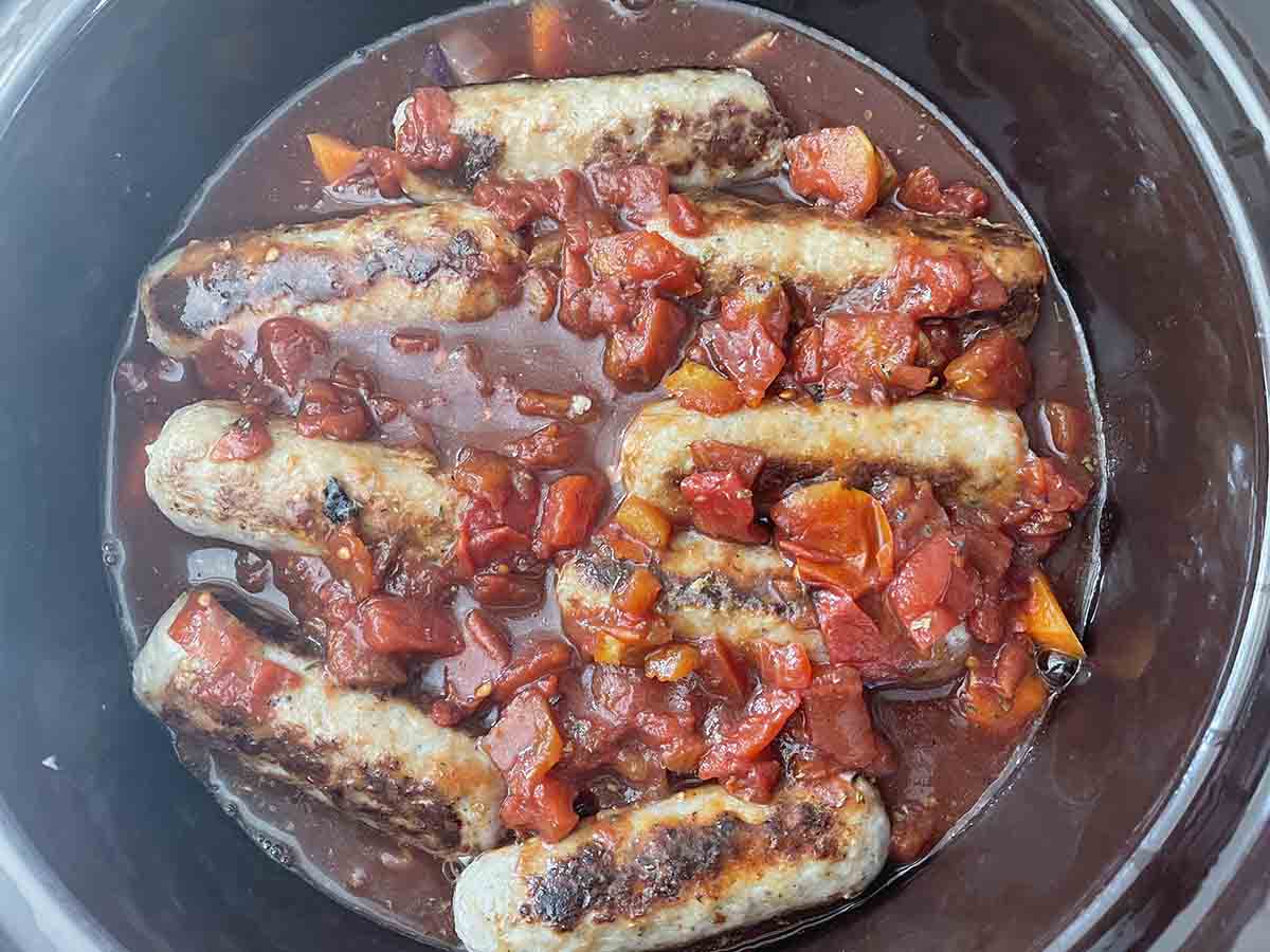 sauce added to slow cooker.