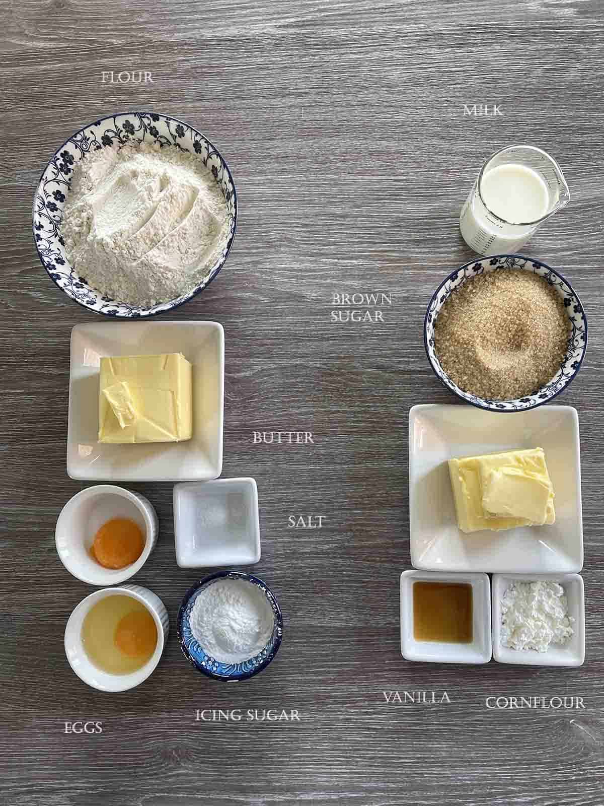 ingredients including flour, sugar, butter, vanilla, eggs.