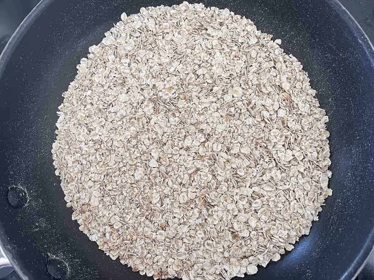 oats toasting in a pan.