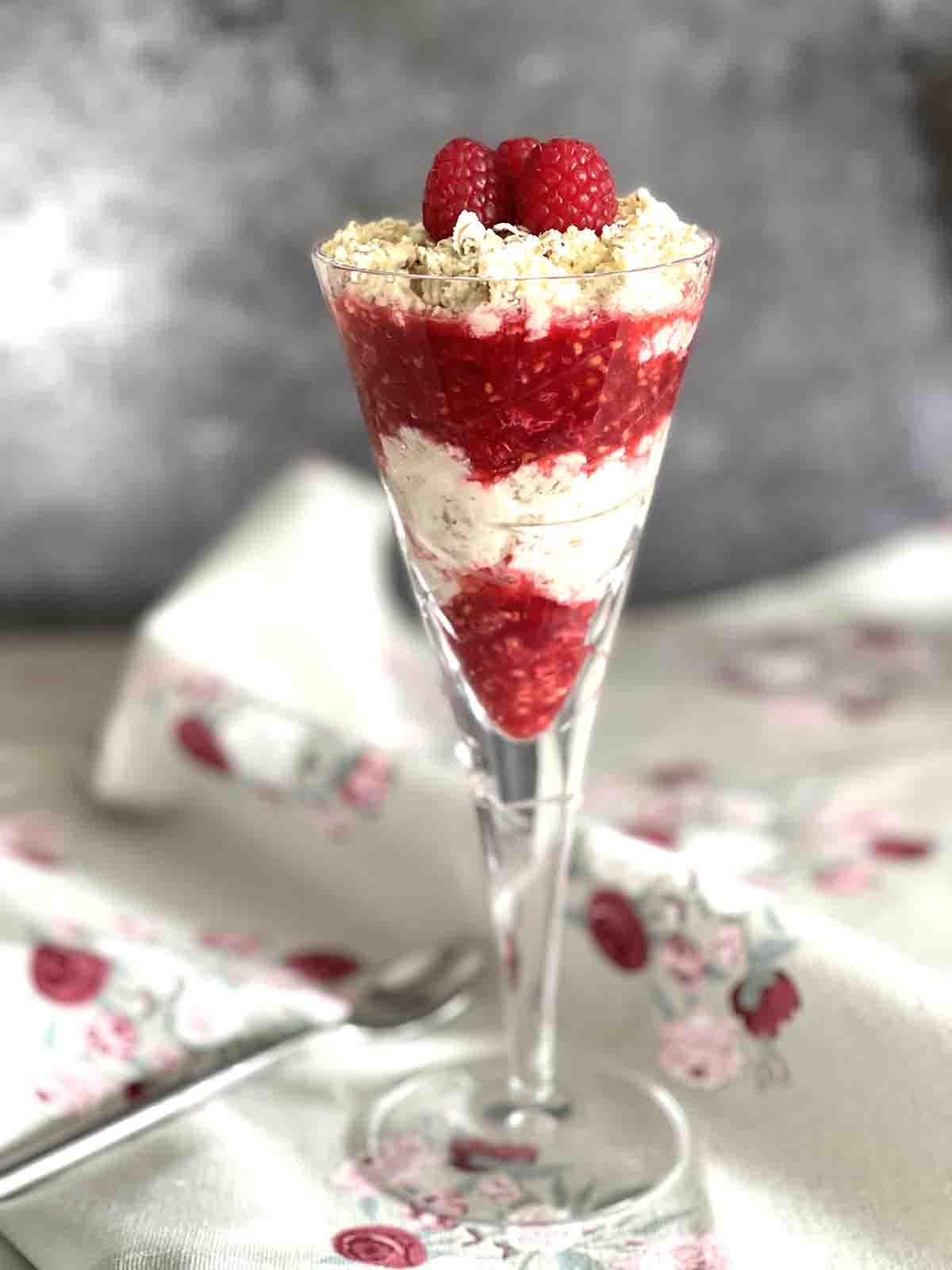 Raspberry cranachan in a glass.
