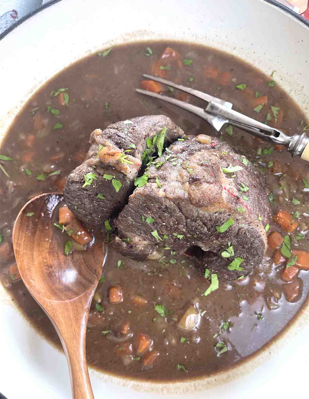 cooked beef in a serving dish.
