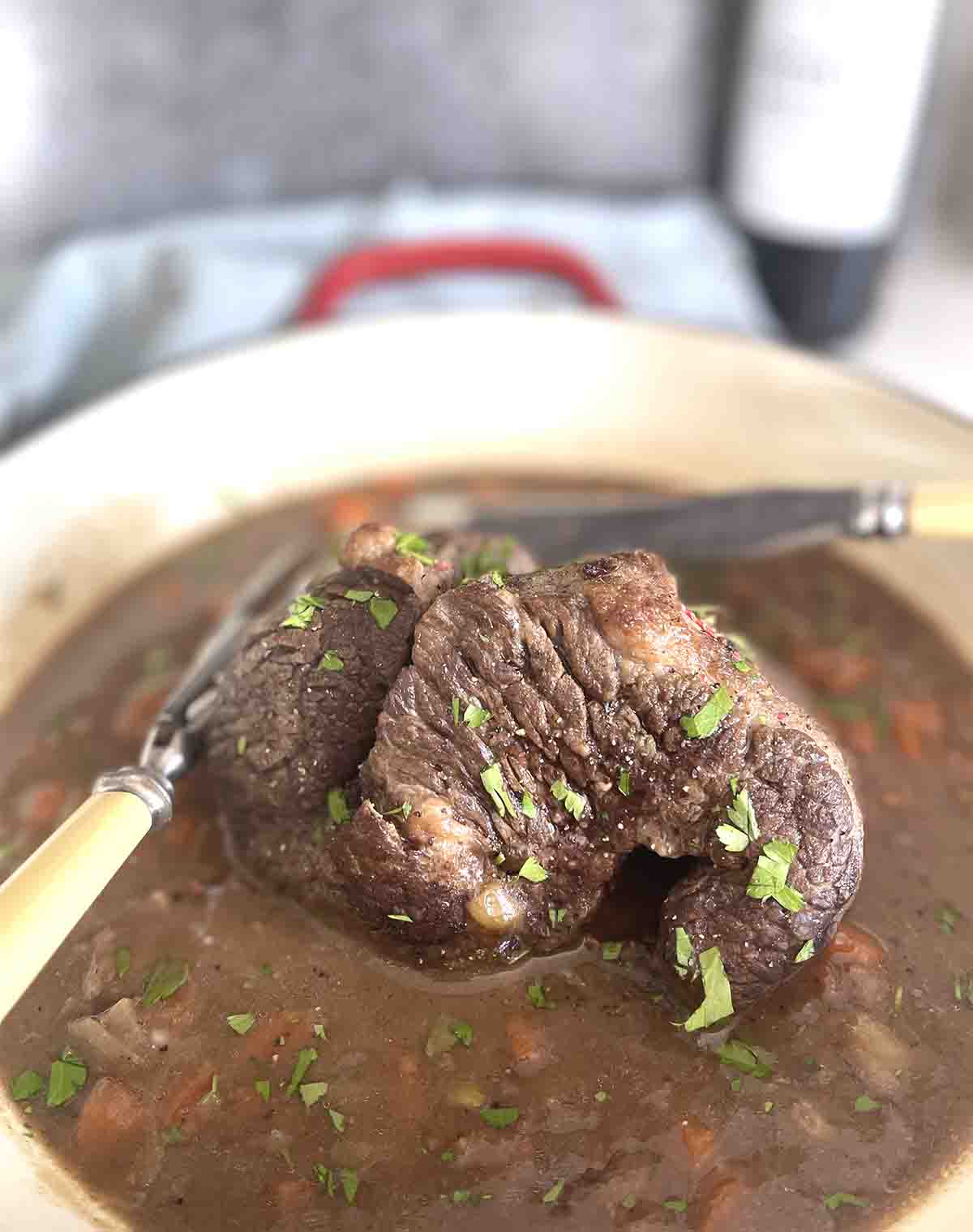 cooked beef in a serving dish.
